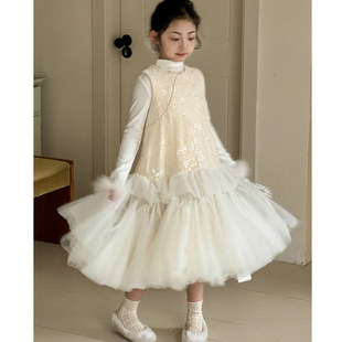 女童新年衣服背心裙2026冬季新款儿童连衣裙加绒女大童中式旗袍裙