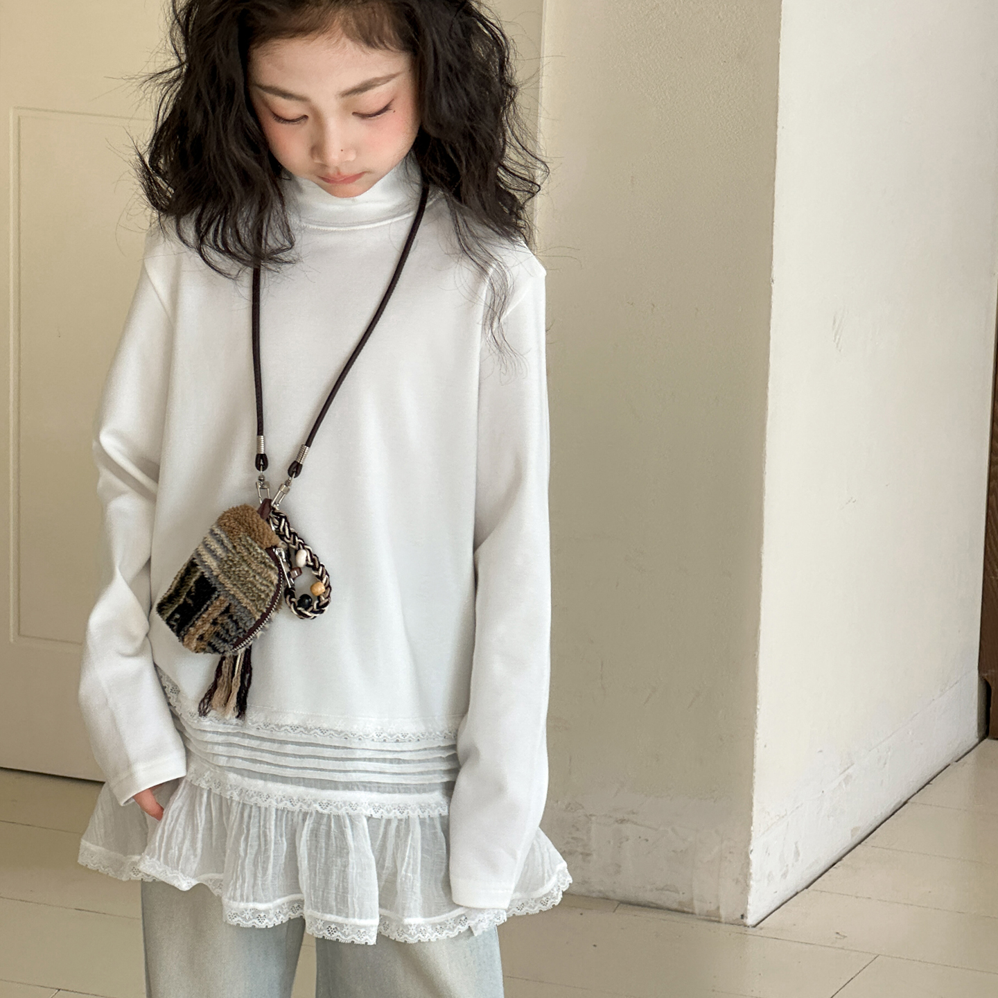 女童德绒打底衫蕾丝拼接内搭上衣