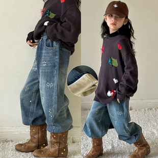 女童加绒牛仔裤2026秋冬新款韩系儿童加厚直筒裤女大童一体绒裤子