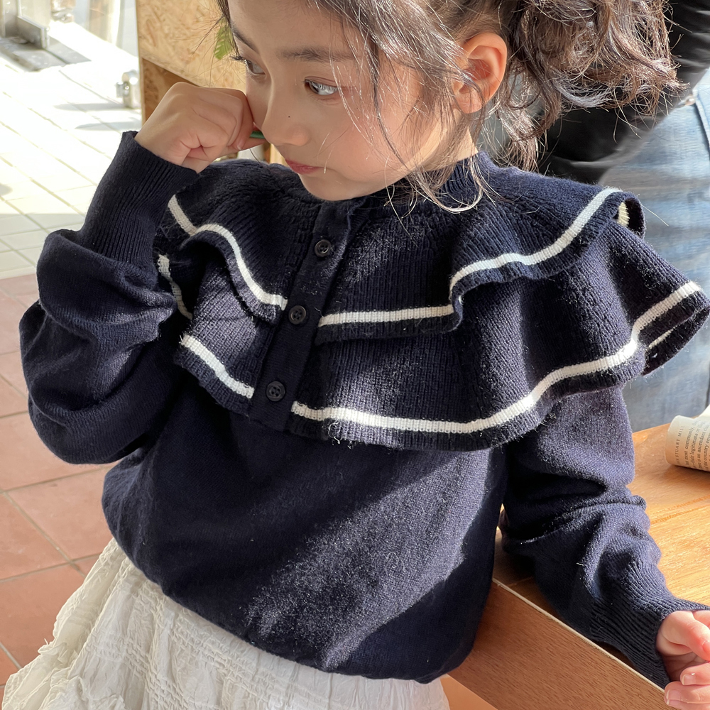 女童毛衣2025秋装新款儿童荷叶边针织衫春秋款中大童圆领套头上衣