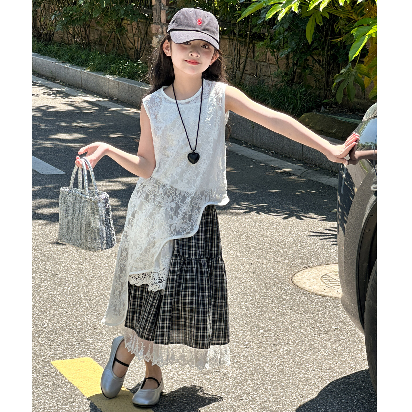 女大童夏装套装2026新款韩国童装女童夏季格子连衣裙小女孩三件套