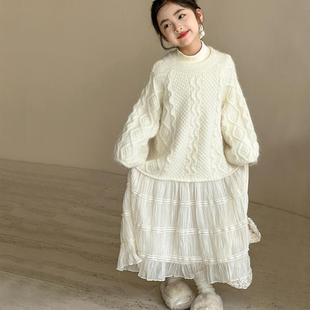 公主裙 女大童秋冬装 女童秋冬连衣裙2026新款 儿童针织拼接裙子长袖