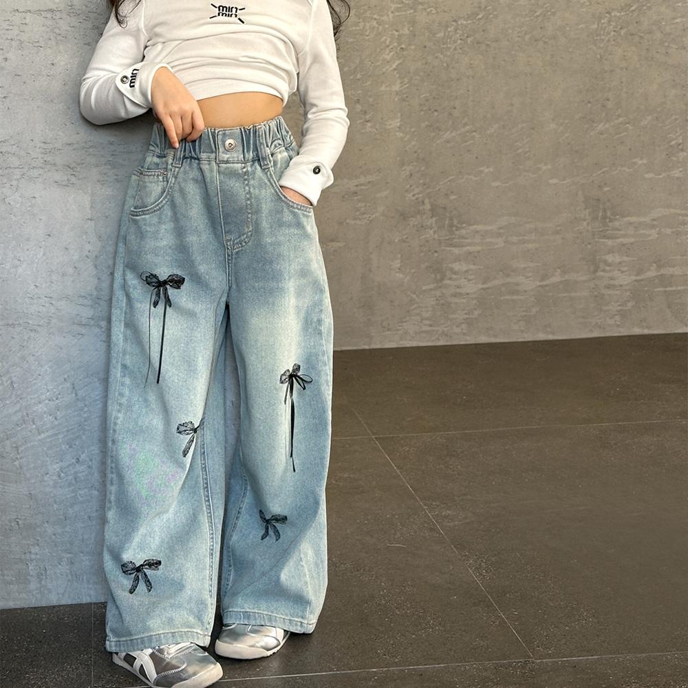 女童牛仔裤春秋款2025新款儿童春装蝴蝶结直筒裤女孩宽松薄款裤子