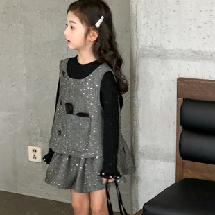 女童套装春装2026新款儿童小香风三件套春秋款女大童洋气背心短裙