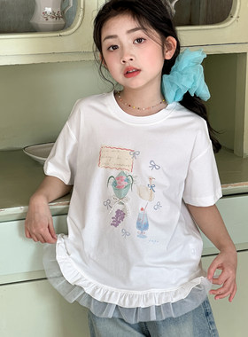 女童短袖T恤夏装2026新款韩国童装女大童装夏季五分袖初中生上衣