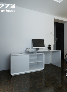 现代烤漆电脑桌旋转书桌白色简约台式桌家用写字台电脑桌带柜