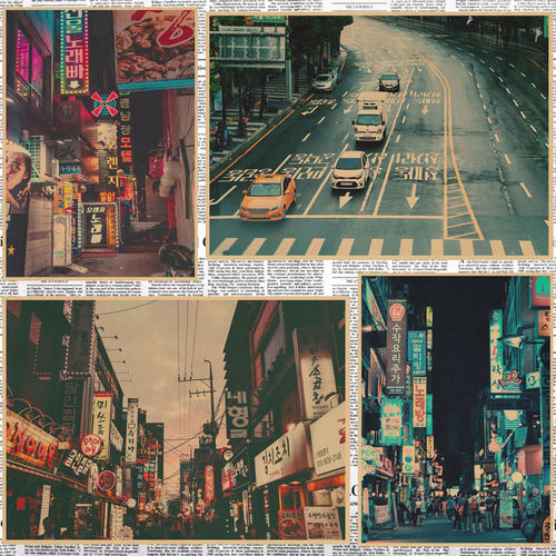 韩式复古街景牛皮纸餐厅装饰画