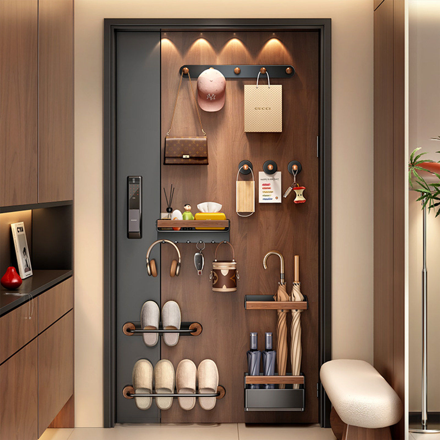 胡桃木磁吸玄关置物架壁挂门后挂衣钩入户门拖鞋架雨伞收纳架套装,收纳整理,整理架/置物架/收纳架,淘宝优惠券,粉丝福利购,淘宝优惠卷