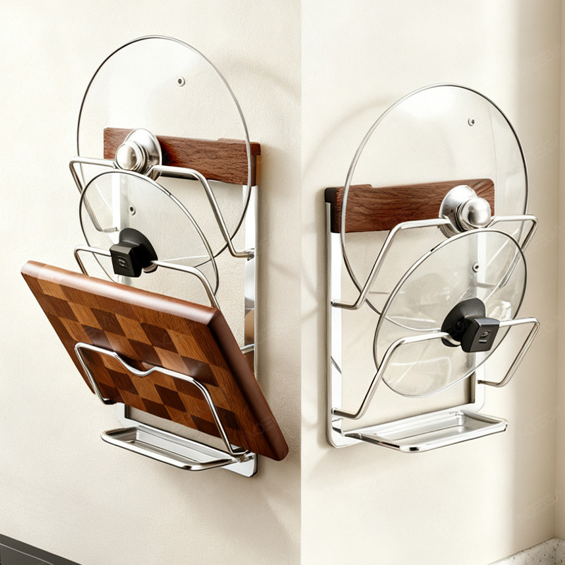 胡桃木不锈钢锅盖架壁挂免打孔厨房置物架菜板砧板架多功能收纳架