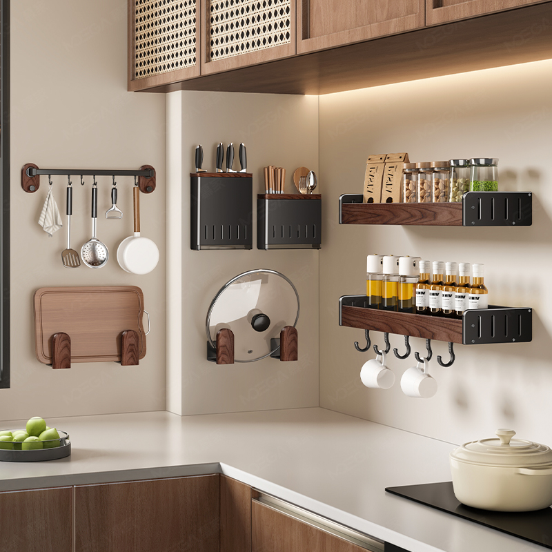 胡桃木厨房置物架调料架壁挂式多功能刀筷勺锅盖调味料品罐收纳架