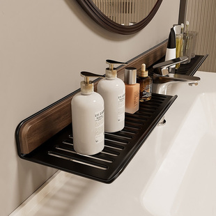 胡桃木黑色吸盘浴室置物架壁挂式免打孔洗漱台收纳架龙头置物架