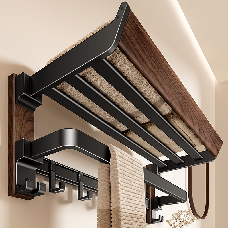 胡桃木毛巾架卫生间置物架免打孔浴室高端专用浴巾架五金卫浴挂件