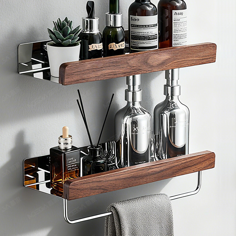 胡桃木置物架304不锈钢浴室置物架洗手间免打孔墙上壁挂收纳架子