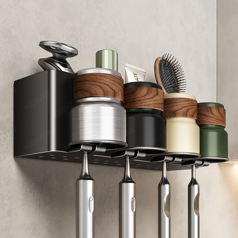慕家牙刷置物架浴室免打孔不锈钢漱口杯电动牙刷架子卫生间中古风