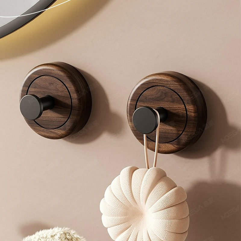 胡桃木吸盘挂钩免打孔门后挂衣钩卫生间强承重无痕浴室中古风粘钩