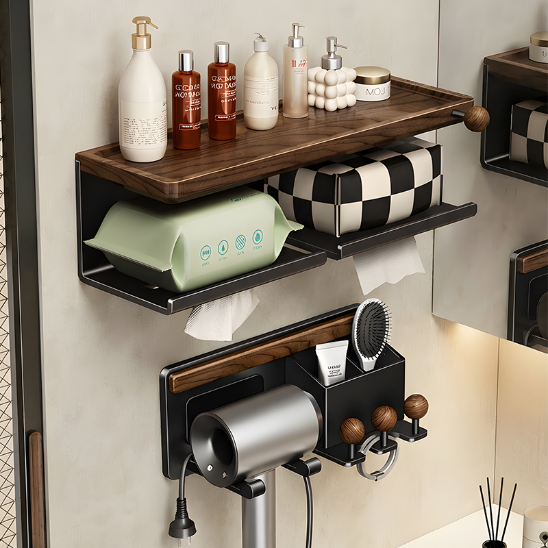 胡桃木浴室卫生间纸巾盒中古风洗手洗漱台免打孔实木吹风机置物架