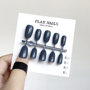 穿戴甲 三分钟美甲 夏季新款高品 显白青山深海蓝单色短椭圆美甲