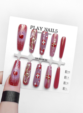 SSS穿戴甲 设计浮雕鎏金大女主美甲欧美超长梯 红色幸运LUCKY蛇果