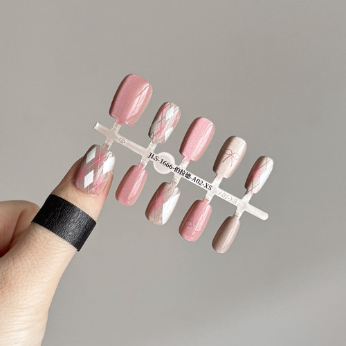 SSS穿戴甲 超短梯 美甲光疗甲手绘服帖不夹手 服装搭配格纹小短甲