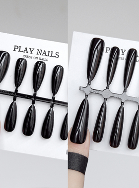 穿戴甲黑色纯黑甲片高级建构美甲尖杏仁长款欧美女王甲油胶感贴片