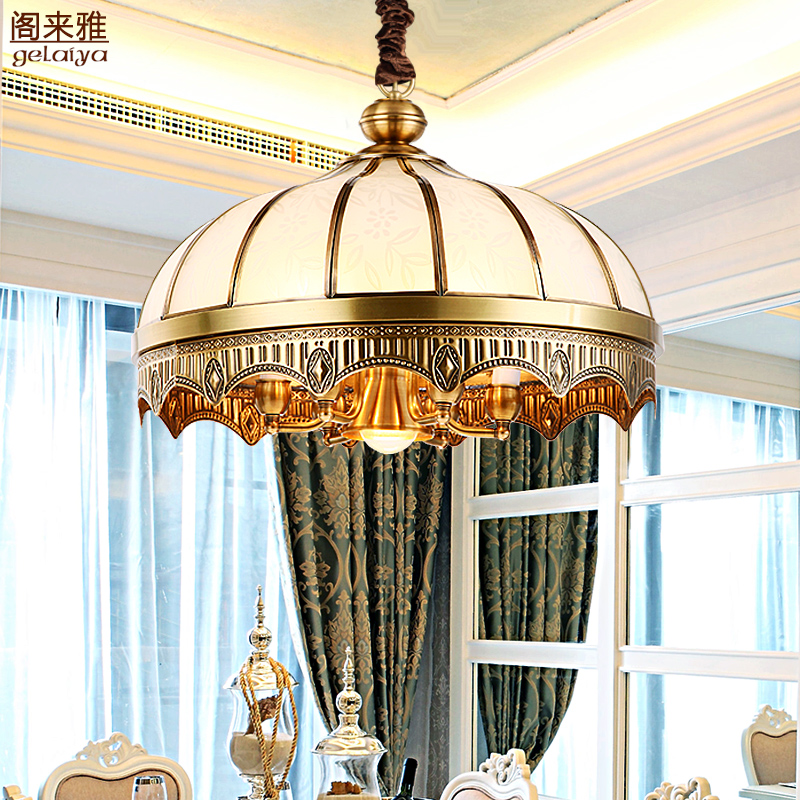 新款欧式餐厅吊灯创意复古 美式饭厅吧台书房灯 雕花玻璃焊锡全铜