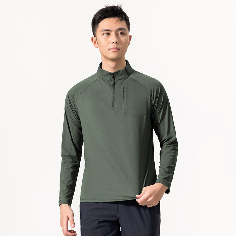 夏季速干冰丝长袖T恤男户外立领弹力运动长袖隐藏拉链口袋Polo杉