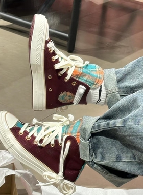 匡威正品酒红1970s复古美拉德毛呢格子拼接男女高帮帆布鞋A12452C