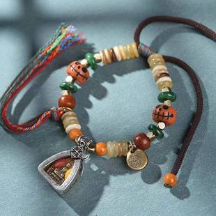 藏区羊角手串单圈手工编织手绳嘎乌盒佛牌吊坠回流趾骨可调节手链