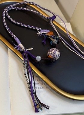 静谧紫色天然大漆锁骨链搭配坨骨手搓棉挂脖项手工编配挂绳民族风