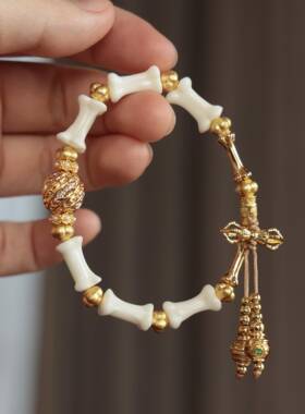 原创坨骨小骨头单圈手链搭配纯铜骨头金刚杵文玩佛珠手串S2814