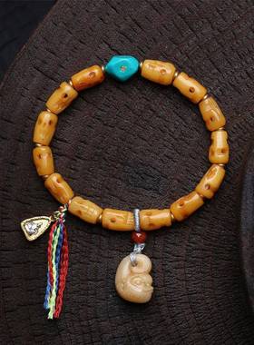 藏传回流骨雕刻阿呆手串单圈牦牛骨色子三通松石配饰文玩复古手链