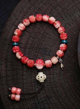 天然半血骆驼骨雕刻阿呆桶珠手串单圈骰子三通松石配饰文玩手链