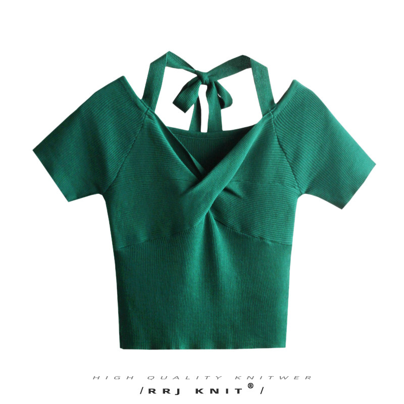 扭结针织t恤女夏季后背蝴蝶结高腰短款修身纯色露脐露背短袖上衣