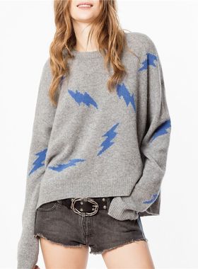 秋冬季新品ZV纯山羊绒闪电星星爱心钩花宽松显瘦套头驼色厚毛衣女