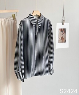 上衣百搭通勤显瘦款 真丝女士条纹衬衫 外贸订单BF风格 EQ家