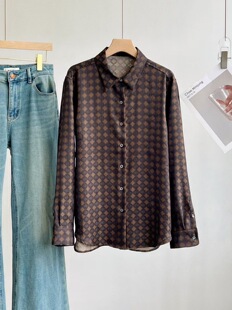 6D印花工艺 上衣 抗皱防晒防污 咖色菱格女士衬衫 100%花萝真丝