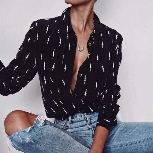 双绉真丝eq合作款印花长袖衬衫