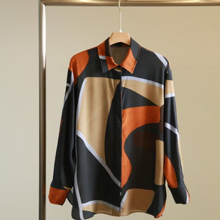 气质风格 重磅真丝衬衫 法式 上衣 之禾复古几何印花女士桑蚕丝衬衫