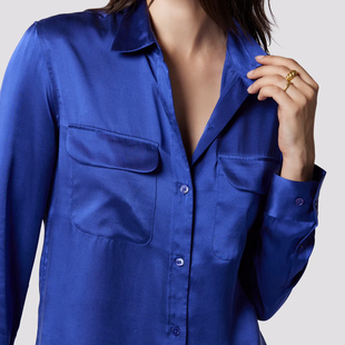 Eq家EQ高饱和度克莱因蓝真丝双绉长袖双口袋多巴胺宽松衬衫女上衣