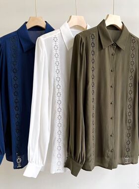 23春夏法式SZ温柔雅致双条绣花镂空砂洗双绉真丝灯笼袖长袖衬衫女