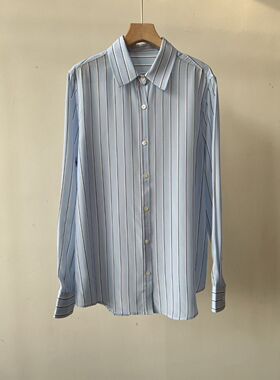 22春夏新品 LB经典蓝白条纹真丝双绉软糯桑蚕丝通勤长袖衬衫女