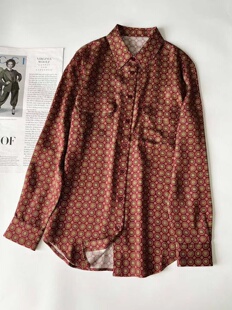 弹力女复古长袖 新款 设计感小众衬衣上衣 重绉真丝印花衬衫