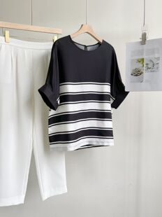 简约基础黑白配色连身袖设计真丝斜纹绸宽松条纹短袖上衣女