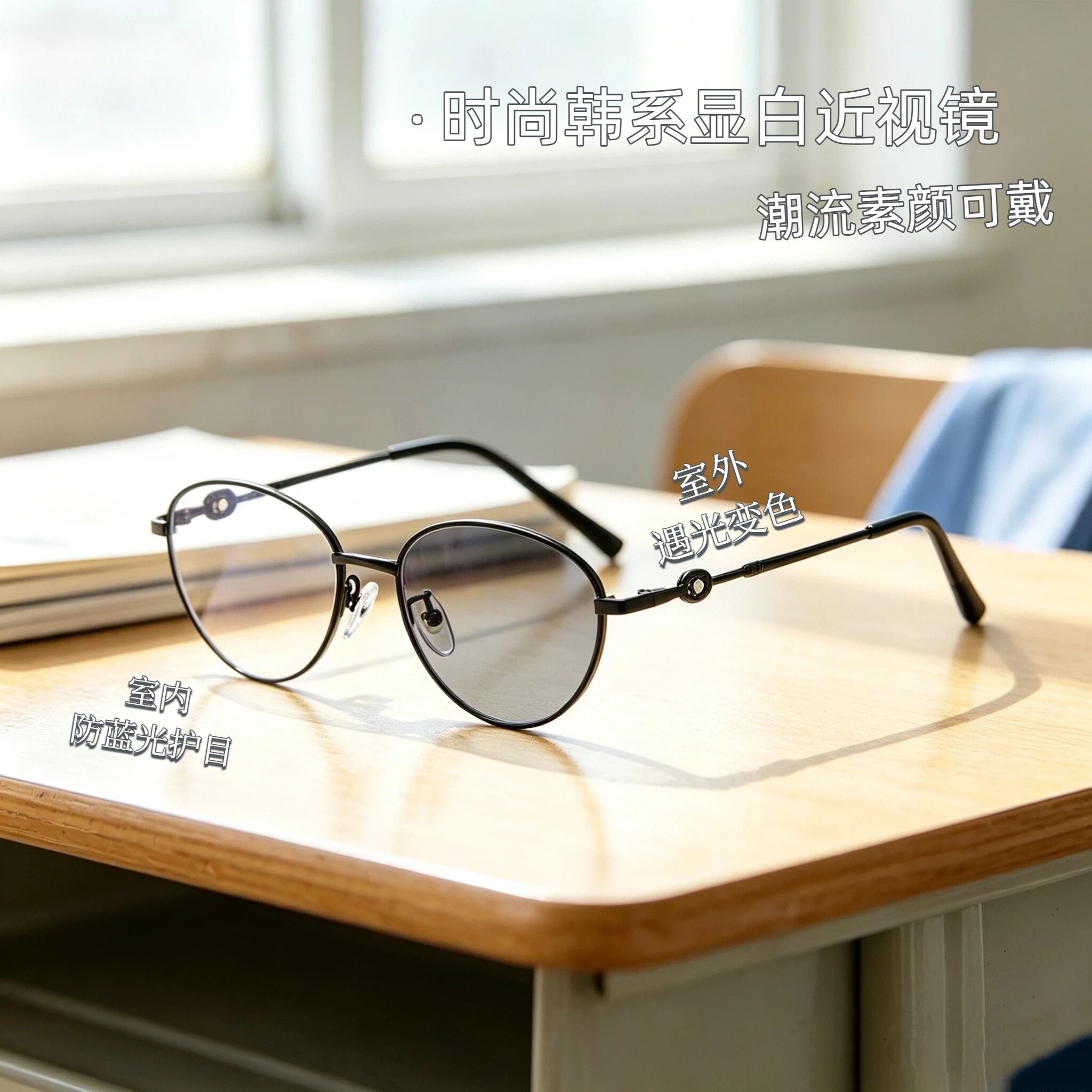 感光变色素颜韩系显白近视镜文艺金属圆框时尚潮流防蓝光近视眼镜