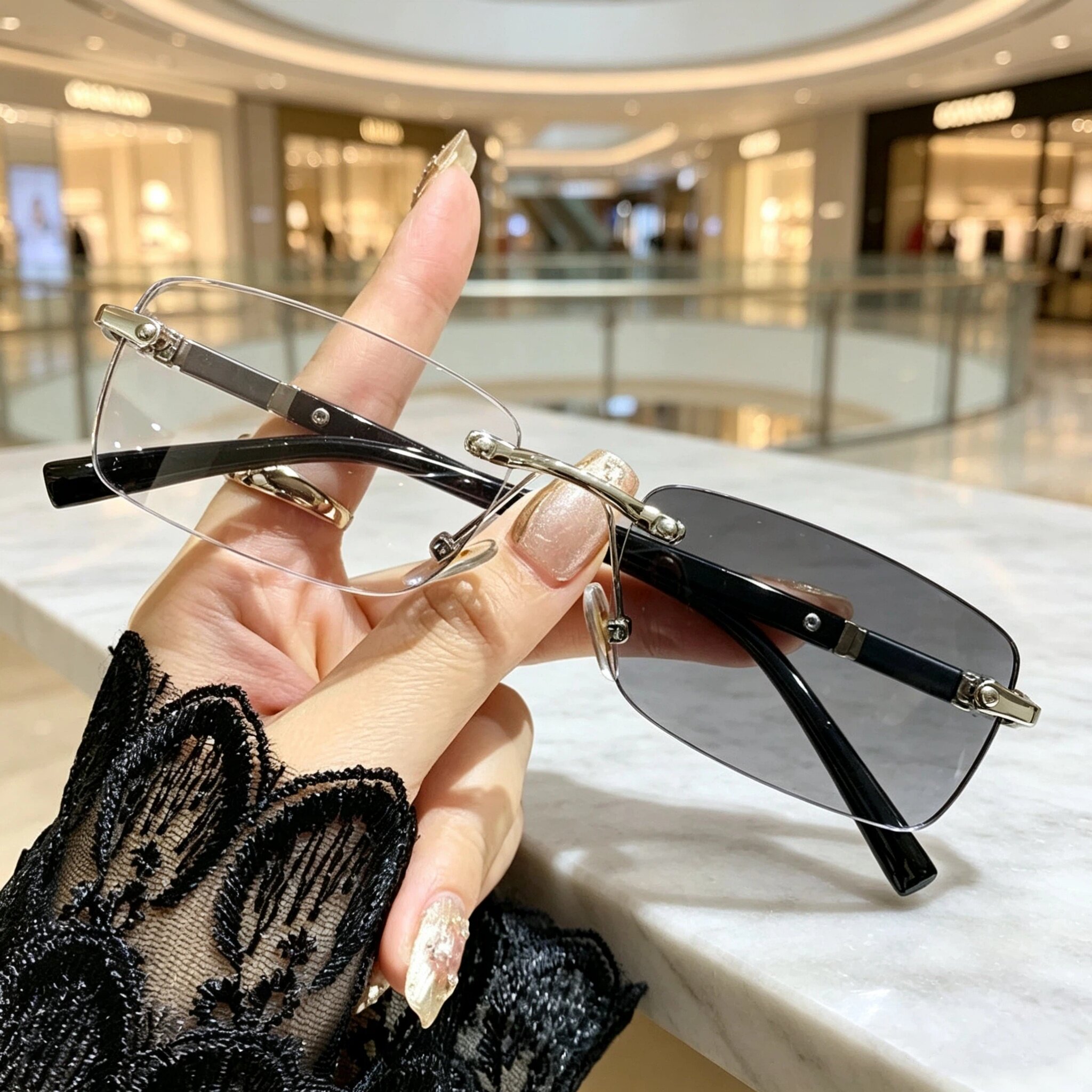 老花眼镜变色眼镜商务金属无框防蓝光男高级感切边无边框女老花镜