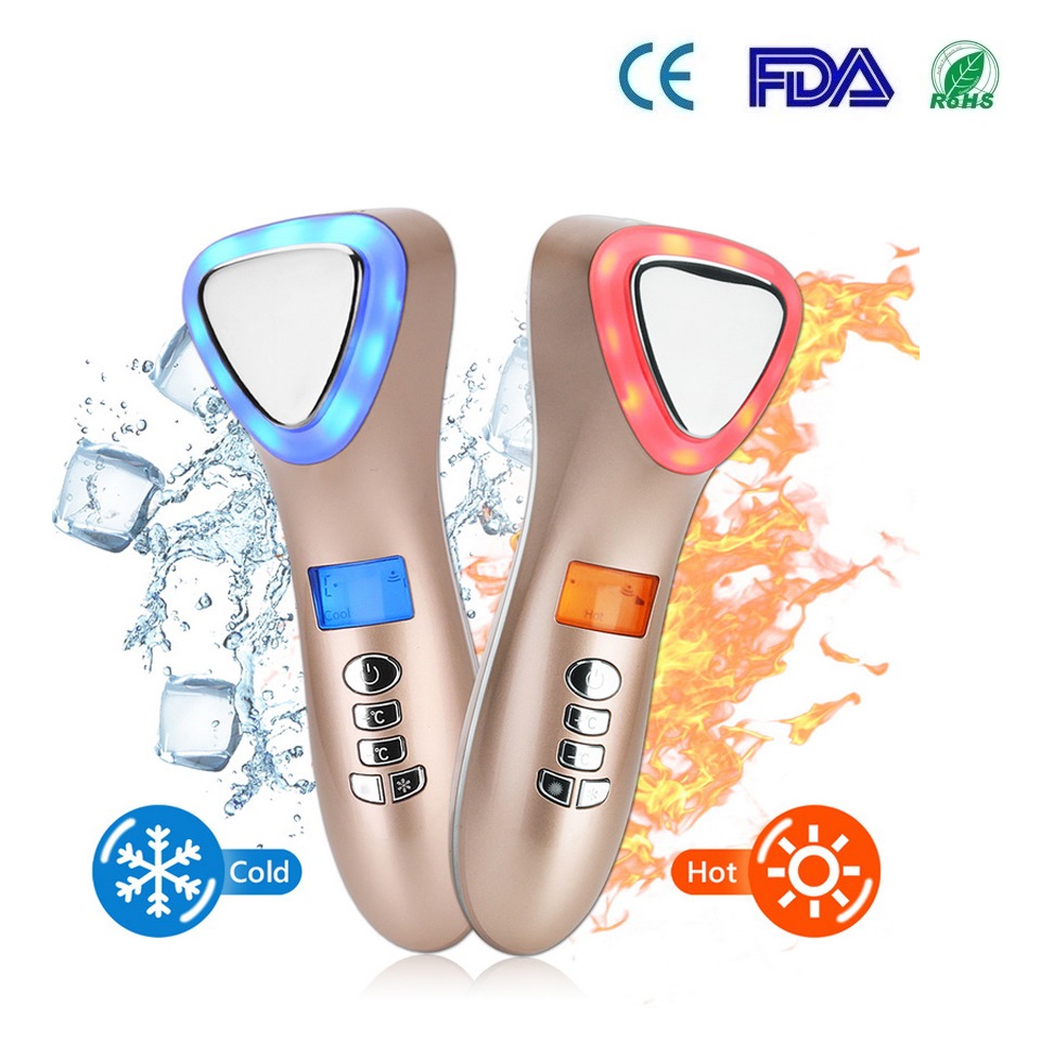 LED Hot Cold Face Skin Care Device Massager Hammer Ultrasoni