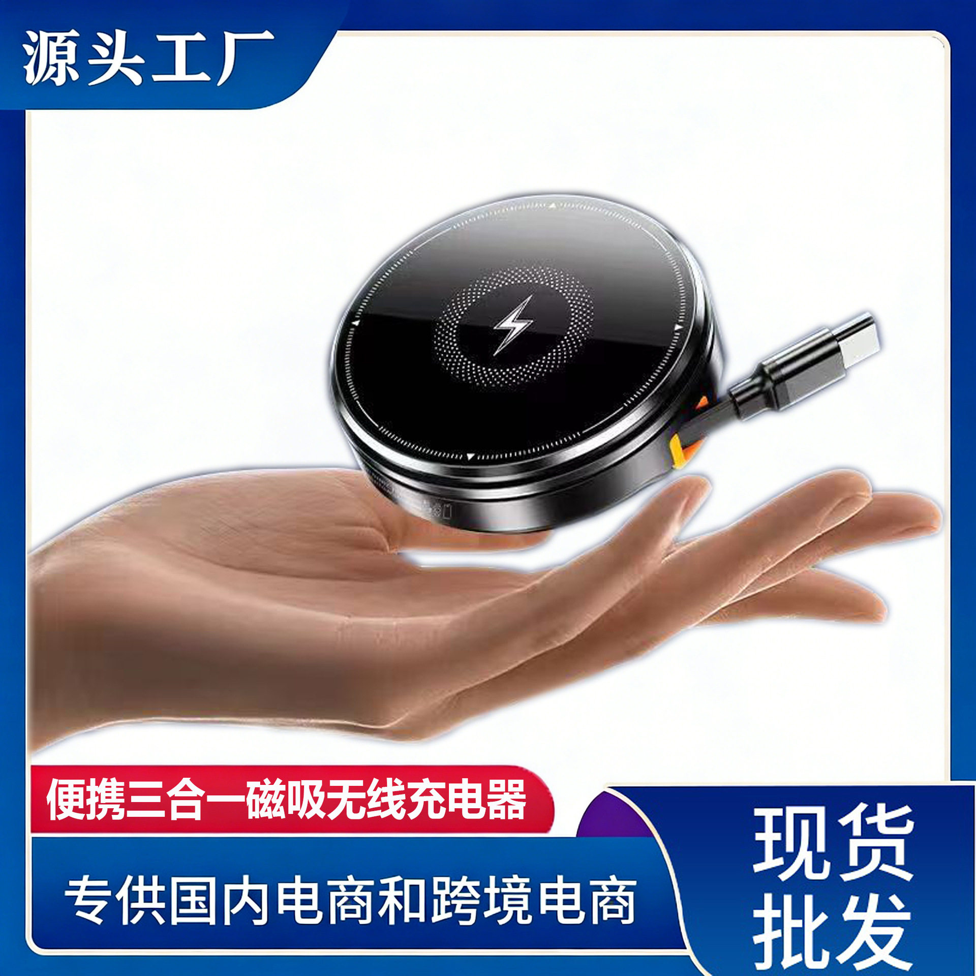 锌合金便携式三合一伸缩线磁吸无线充电器手机手表耳机支架