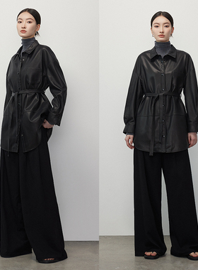 VIVIDINI衬衫廓形女款腰带单皮皮衣外套