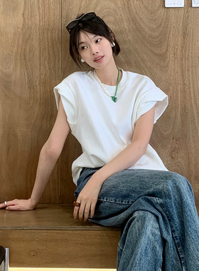 VIVIDINI宽松廓版打褶袖口圆领T恤