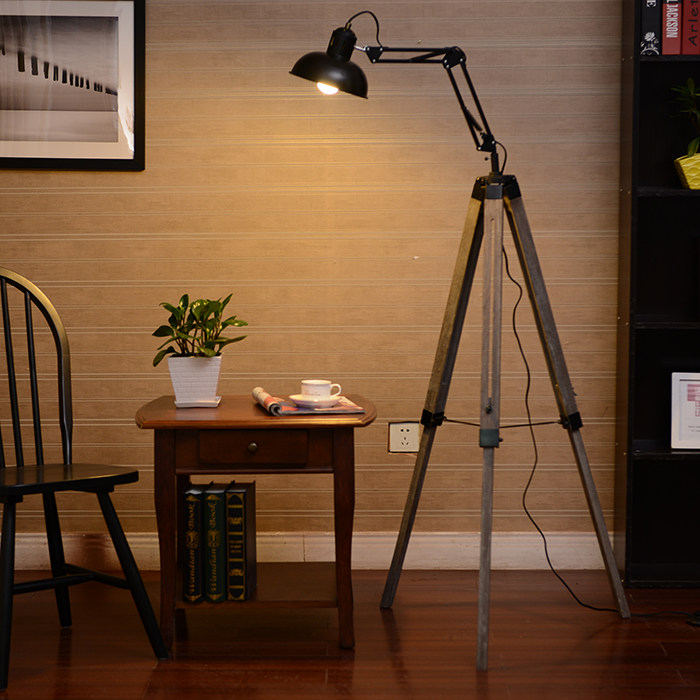 新品欧美乡村复古木制升降结构摇臂灯客厅书房卧室民宿遥控落地灯